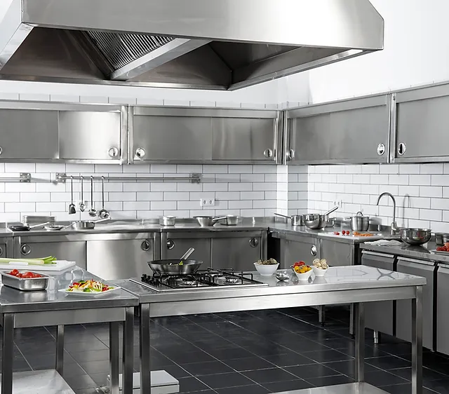 Professional stainless steel kitchen with modern equipment